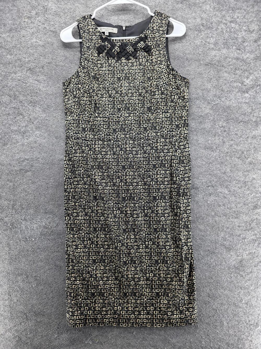 Evan Picone Dress Womens 10 Black Geometric Sheath Sleeveless Knee Length Office